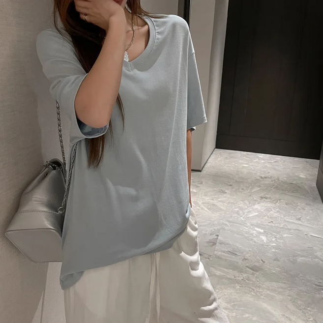 100% 면 여름 대형 드롭 숄더 V넥 반팔 티셔츠 여성 기본 스타일 외출용 고급스러운 상의