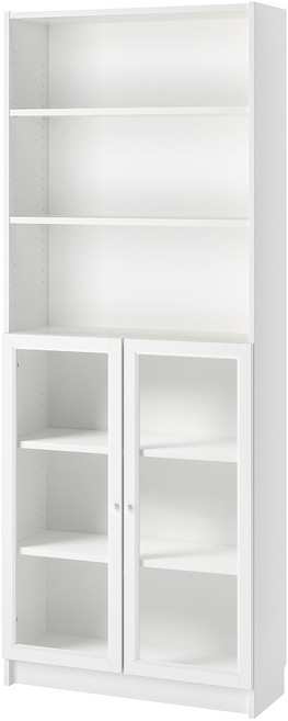 이케아 빌리+옥스베리 책장+유리도어 장식장 6단 화이트 80x30x202cm, 화이트/유리