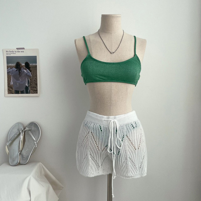 햅번홀리데이 뜨개 자수 반바지 비치웨어 엉덩이가리개 비키니 커버업 3부 시스루 팬츠, 화이트