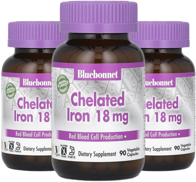 블루보넷 뉴트리션 킬레이트화 철분 18mg 베지 캡슐 90정, 3팩, 90회분 - 쿠팡