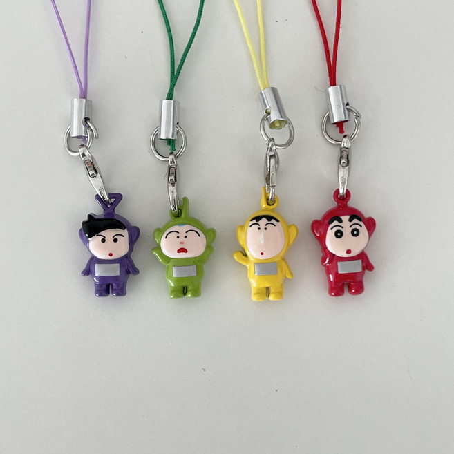 [4개세트] 초미니 텔레토비 크레용 인형 키링 핸드폰고리, 1세트, 그린/옐로우/퍼플/레드