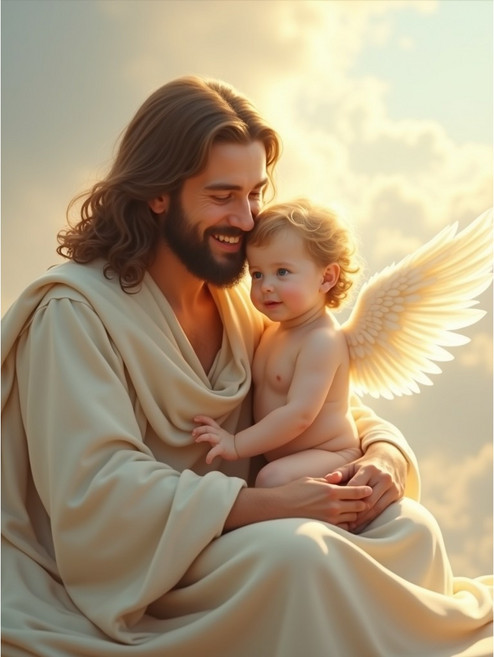 유화그리기 세트 아기천사와 환하게 웃는 예수님 기독교, 60x80cm나무캔버스+물감+붓세트, 1개