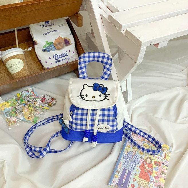 Sorpci 헬로키티 캐릭터 체크 스트링 수납가방 미니 소녀 백팩