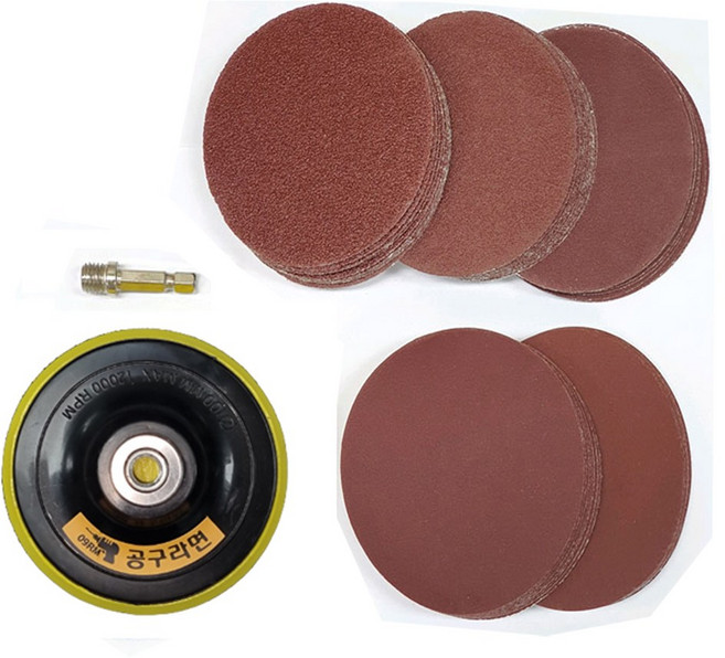 공구라면 ( 09RM ) 3인치 4인치 5인치 샌딩세트 샌딩기+어댑터+샌딩패드 #40 #80 #150 #400 #1200 각10장씩 총 50장, 1세트