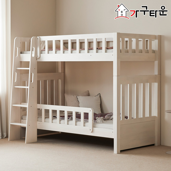 (주)가구타운 원목 분리형 마이니 이층침대 싱글/슈퍼싱글 우드깔판 포함, 화이트워시+독립포켓 양면 매트리스 2장