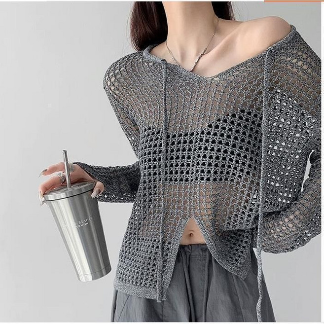 COSYEVNO 여성 여름용 루즈핏 매쉬 후드 니트 티셔츠 캐주얼 LFHfszs-10, 그레이