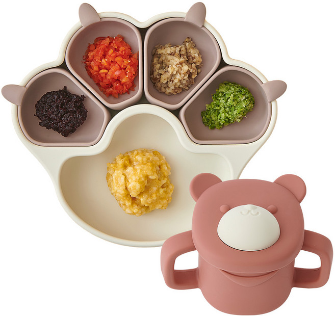 퍼기 냥냥 흡착 식판 + 곰돌이 자기주도 스파우트 멀티컵, 브라운, 드라이로즈, 색상>브라운,드라이로즈, 냥냥 흡착 식판 + 곰돌이 멀티컵