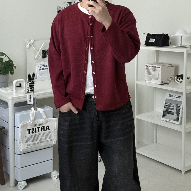 르위 오버핏 라운드 니트가디건 단추 크롭 남녀공용