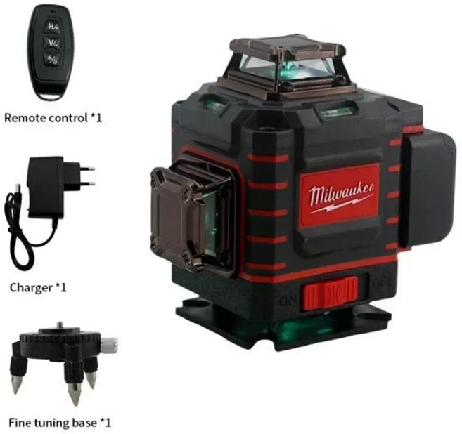 밀워키 3-4D 레벨 그린 빔 16 라인 셀프 레벨링 수직 크로스 라인 레벨 충전식 배터리 도구, [01] EU a set, 1개