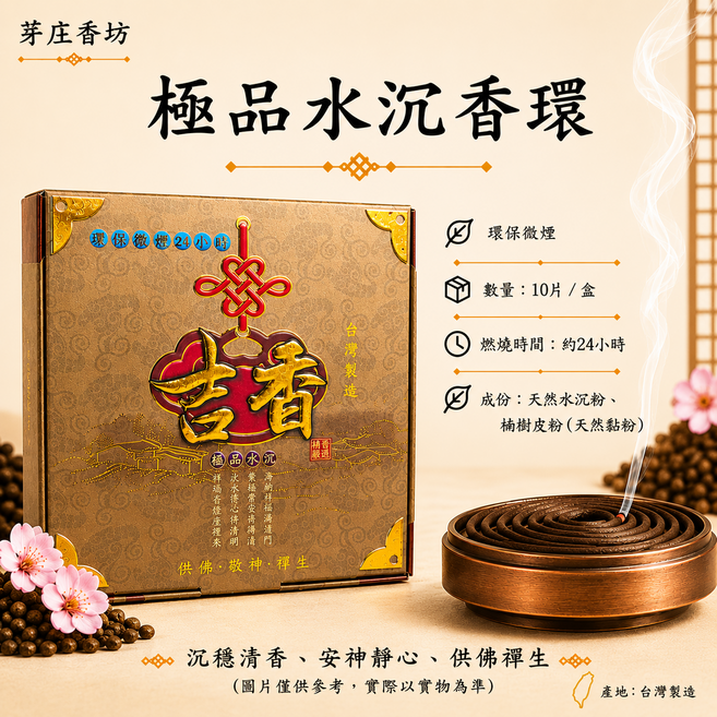 芽莊香坊 極品水沉香環 台灣製造 約24小時燃燒時間, 10片/盒,本色, 1件