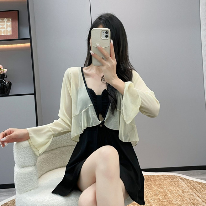 에쉬울프 모노키니 가디건 세트 체형커버 수영복 원피스, 블랙