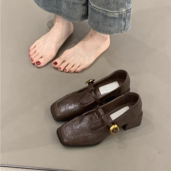 法式氣質優雅搭扣方頭粗跟單鞋 瑪莉珍娃娃鞋