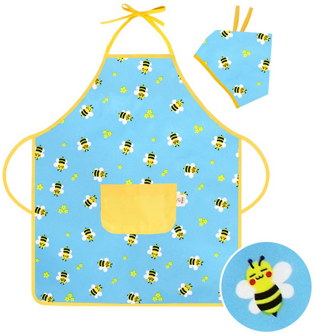 더해피 꿀벌 스카이 아동 목끈형 앞치마+두건