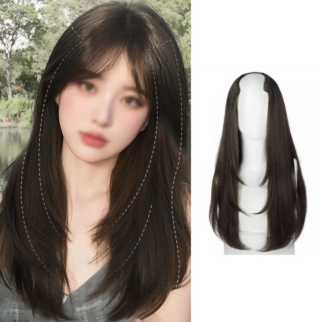 일호장신구 소프트핏 롱 레이어 가발 피스 자연스러운 레이어드컷 긴머리 연출 단발 중단발 커버, 1개, 웜블랙