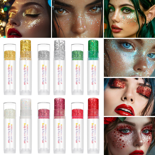 바디 글리터 스틱 페이스 페인팅 젤 머메이드 메이크업 페스티벌 공연용 반짝이 헤어 아이섀도우, 1개, 6가지 색상 각 1개씩