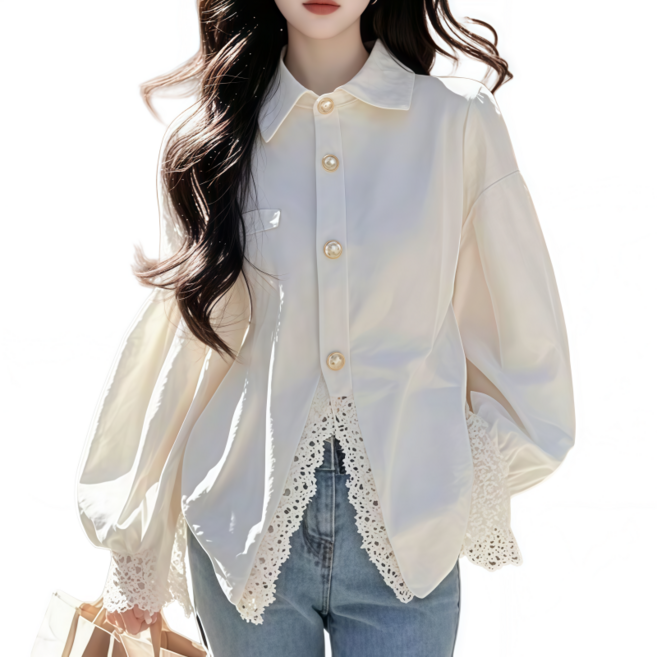 Makone 여성 카라넥 싱글 브레스트 패션 셔츠 솔리드 밑단 레이스 패치워크 프렌치 상의 트랜드 루즈핏 블라우스