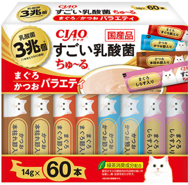 이나바 챠오 스고이 유산균 츄르 버라이어티 60P 고양이간식, 참치&가다랑어&치킨 버라이어티, 840g, 1개