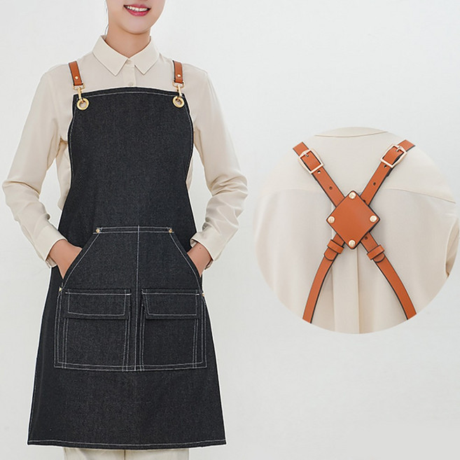 두꺼운 캔버스 가죽스트랩 앞치마 작업복 남녀공용 작업용 바리스타 공방용, 블랙, 원피스형, 1개