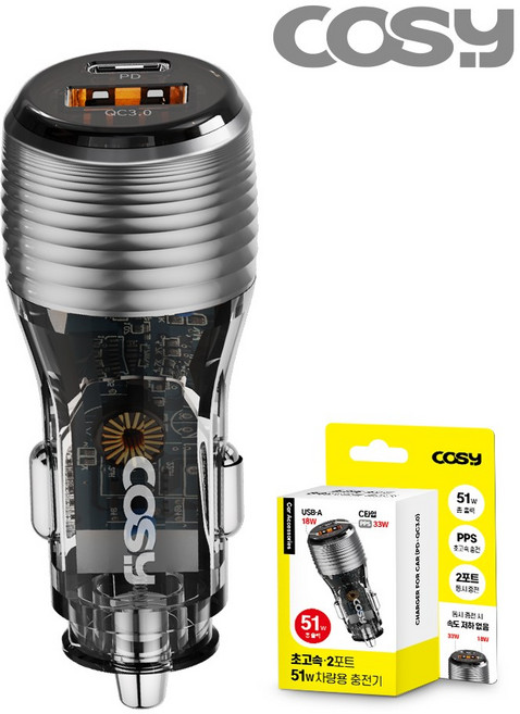 코시 카린 51W 초고속 차량용 충전기 (PD + QC3.0 2포트) CGR2278AT, 블랙
