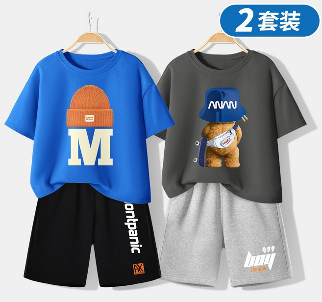 男童夏裝套裝 兒童休閒短褲夏季兩件套, 1個, 144C寶藍015黑+498灰B165淺灰140(建議身高125到135cm)