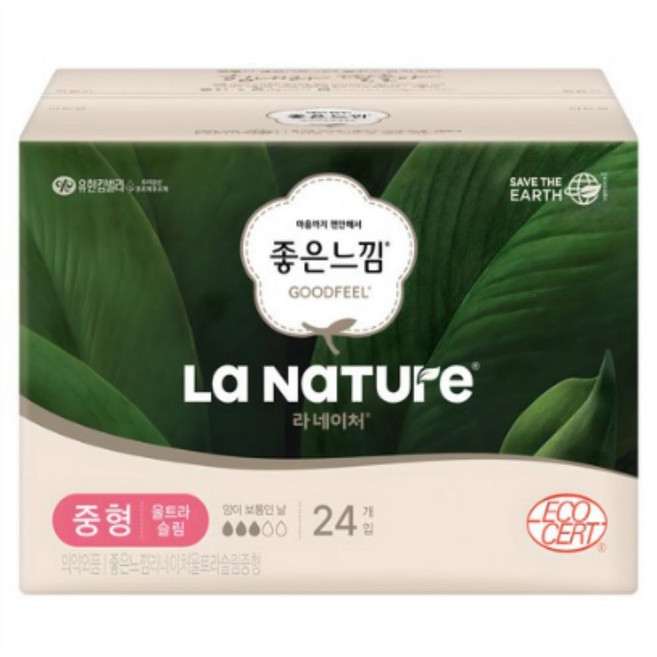 라네이처 좋은느낌 울트라 슬림 생리대 날개형, 중형, 24개입, 4개