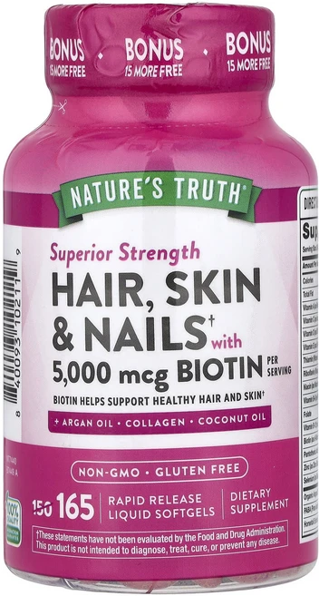 Nature's Truth 모발 피부 손발톱 비오틴 함유 슈페리어 강도 속방형 액상 소프트젤 165정, Nature's Truth 모발 피부 손..., 1개 - 쿠팡