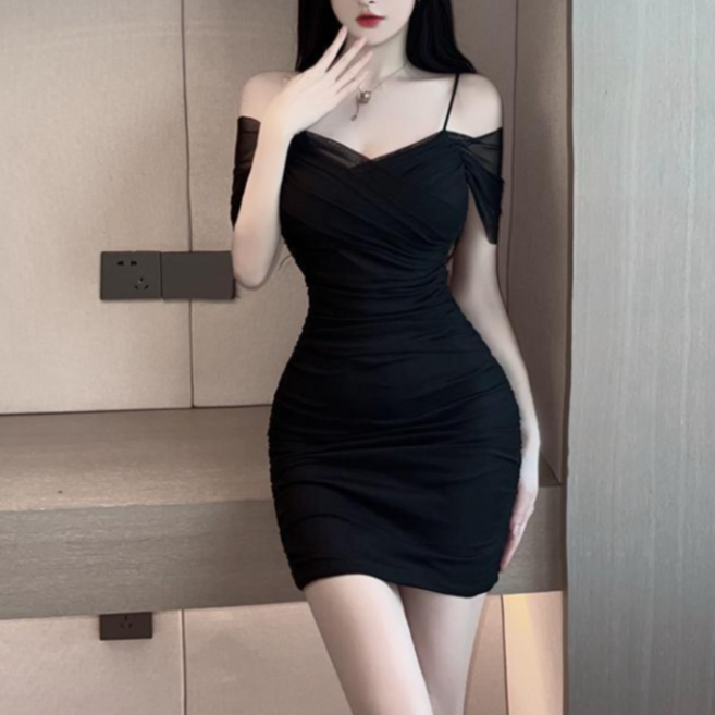 레이디 매직(lady magic) 여성 세련된 오프숄더 퓨어 시스루 셔링 미니 원피스 파티 드레스