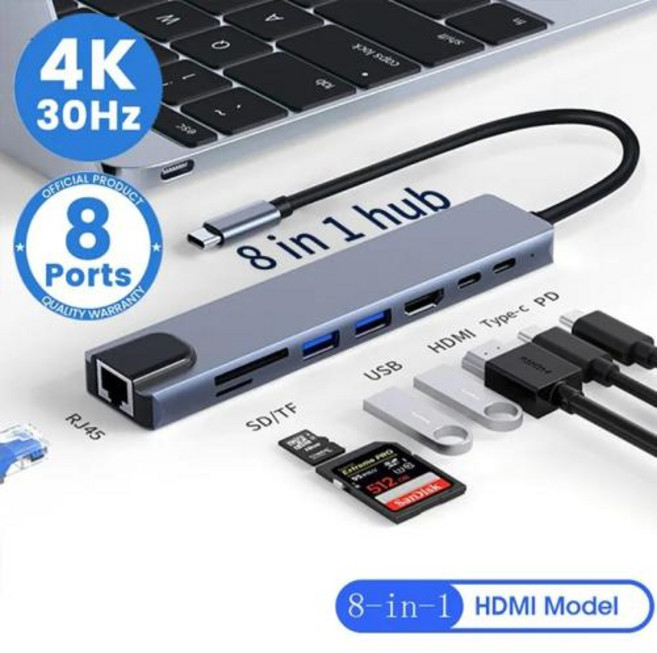 USB C 허브 유형 C 분배기 Thunderbolt 3 도킹 스테이션 노트북 어댑터 Macbook Air M1 iPad Pro RJ45 HDMI, 1)8 IN 1 HUB, 1개