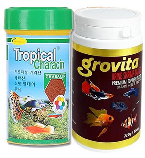 그로비타 브라인 쉬림프 테블렛 사료 220g + 트로피칼 카라신 사료 100g 세트, 1세트
