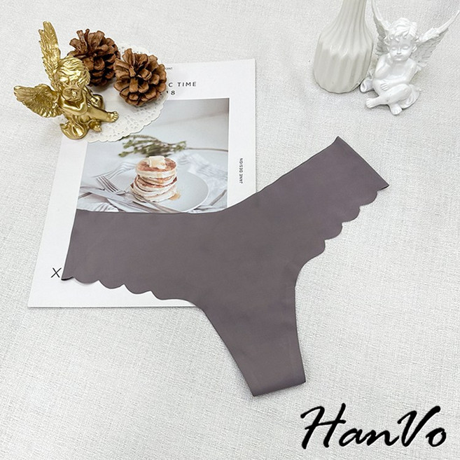 HanVo 冰絲無痕波浪丁字褲 低腰一片式三角褲, 灰紫