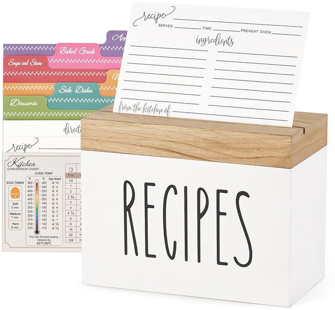Dahey 나무 레시피 박스 화이트 오거나이저 100개의 카드와 6개의 칸막이 카드 홀더 세트 요리 애호가를 위한 나만의 레시피에 쓸 수 있는 뚜껑과 슬롯 포함 17.9
