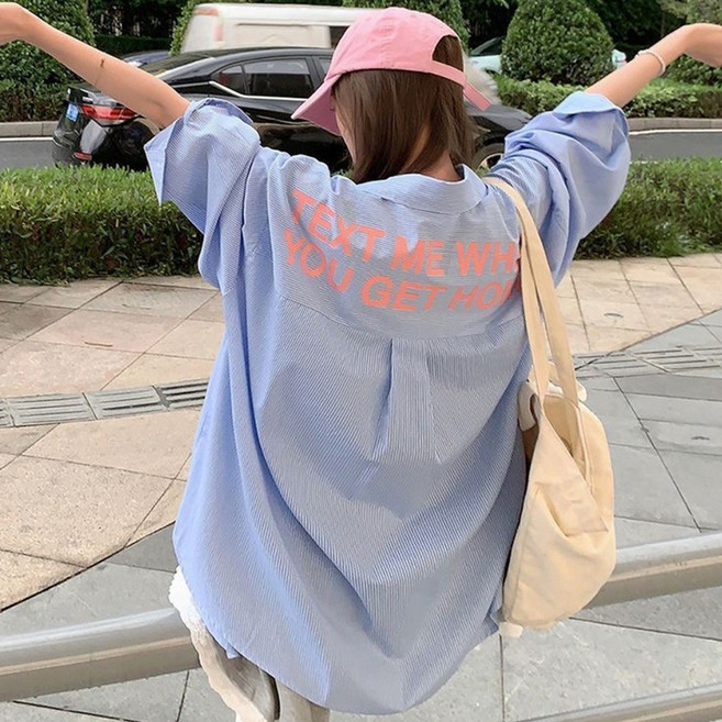 cammello 여성 백 레터링 오버핏 롱 셔츠 봄가을 긴팔 남방