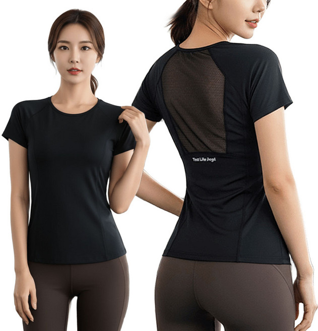 여성용 등판메쉬 반팔티 필라테스 홈트 요가복 티셔츠