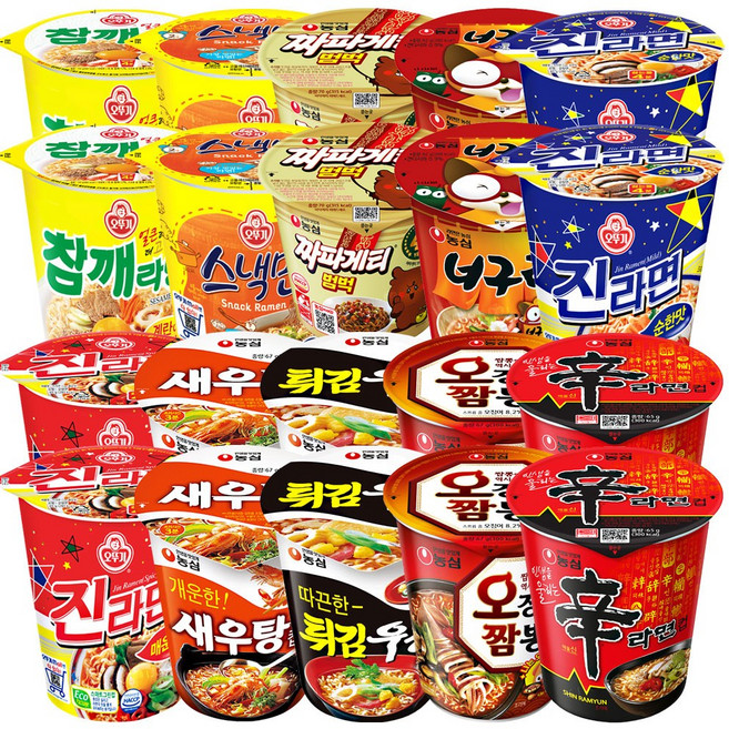 소컵라면 10종 신라면+진라면매운맛+진라면순한맛+튀김우동+참깨+스낵면+너구리+오징어짬뽕+새우탕+짜짱범벅, 1박스