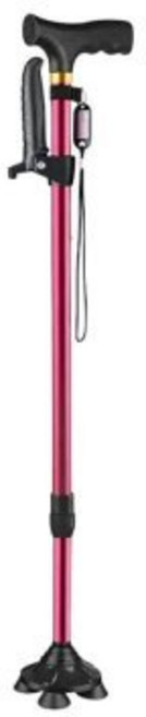 伸縮四腳拐杖 登山復建助行器, 1個, 帶燈伸縮拐杖-紅色