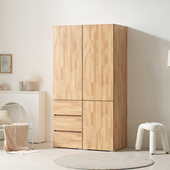 [케이컴퍼니본사] 피크 푸시1000장롱세트CDS(500 3서랍옷장+500투도어5단선반장), 고무나무