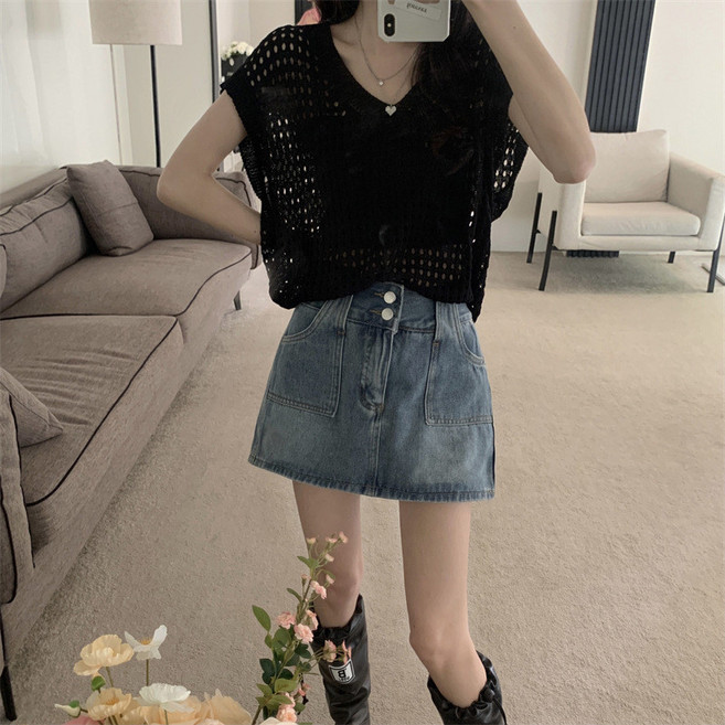 夏季鏤空針織衫 短袖V領罩衫 慵懶風 女上衣