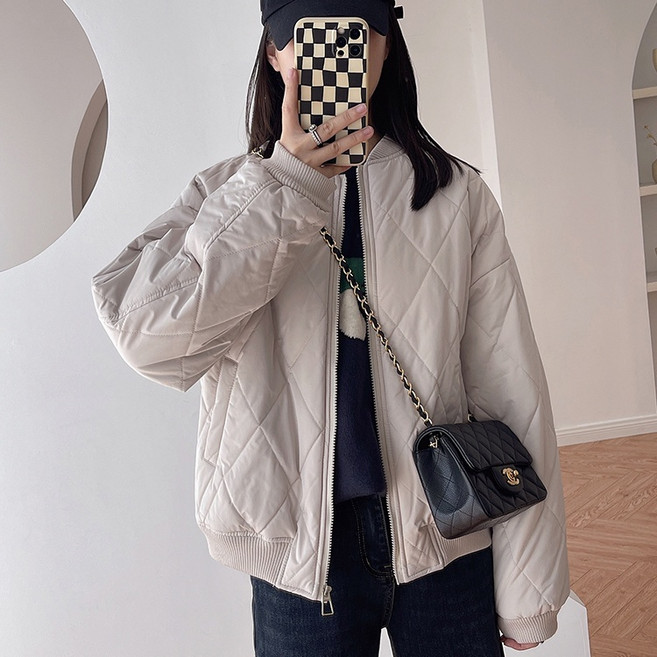 女款菱格棒球外套 簡約休閒立領夾棉短棉衣