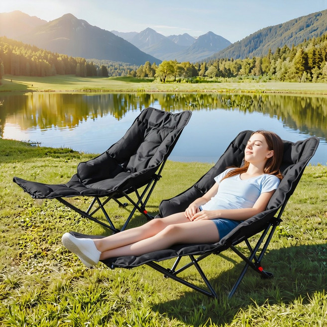 솔바람집 아웃도어 포레스트 발받침있는 리클라이너 두꺼운 캠핑 의자, 1개, 블랙
