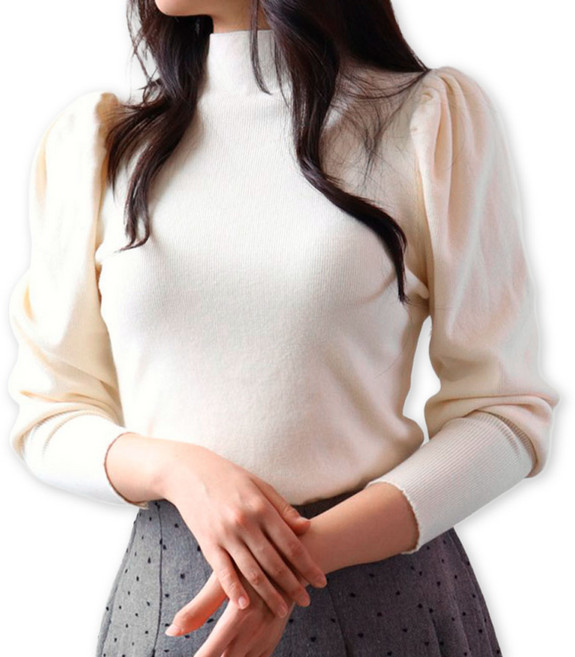 메리앤유 퍼프 셔링 포인트 도톰 반목 폴라 니트 블라우스