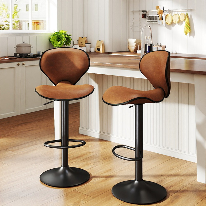 높이조절 바의자 가능한 가정용 바 걸상 2P PU 방수 방석 360도 회전 아일랜드 식탁의자, 2개, 갈색