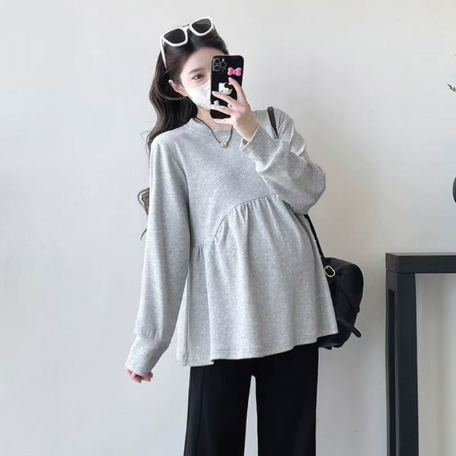 임산부 봄가을 긴팔 티셔츠 캐주얼 루즈핏 긴팔 탑 봄 가을 코튼 편안한 패션 상의 JS