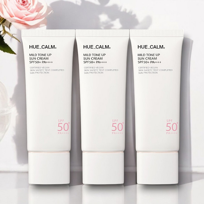톤업선크림 HUE_CALM 마일드 톤업 선크림 100% 비건 무기자차 SPF50+PA++++ 생기톤업 수분선크림 파데프리선크림 톤업썬크림 무기자차톤업선크림, 3개