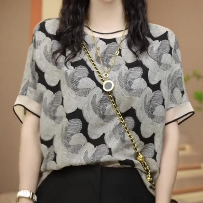 중년 여성 쉬폰 반팔티 여름 반팔 블라우스 여성 여름 시즌 세련된 얇은 디자인 엄마 반팔 셔츠 패션 상의 블라우스 JXH