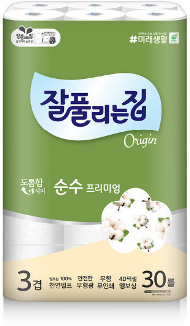 잘풀리는집 순수프리미엄 천연펄프 3겹 화장지 30M, 1세트, 1롤