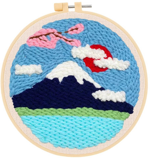 투데이리빙 DIY 펀치 니들 자수 세트 초보자 힐링 취미 뜨개질 만들기 감성 털실 펀칭 공예 십자수 키트 귀여운 원형 소품 액자 프레임, 후지산풍경, 1세트