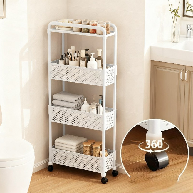 틈새 수납선반 다용도 고정형 이동식 카트 주방 욕실 폭좁은 슬림 수납장 트롤리, 1개, 화이트
