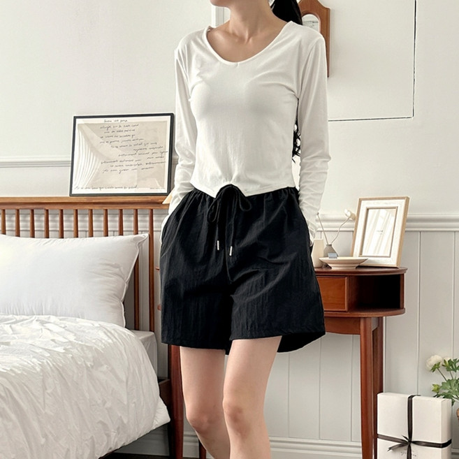 피치스킨 크롭 스쿱넥티 캐주얼룩 슬림운동복 캐주얼셔츠 롱슬리브