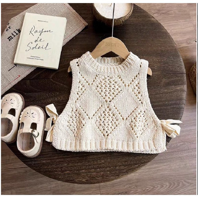 크림니트뷔스티에 키즈 유아 여아용 가을겨울 리본 크로셰