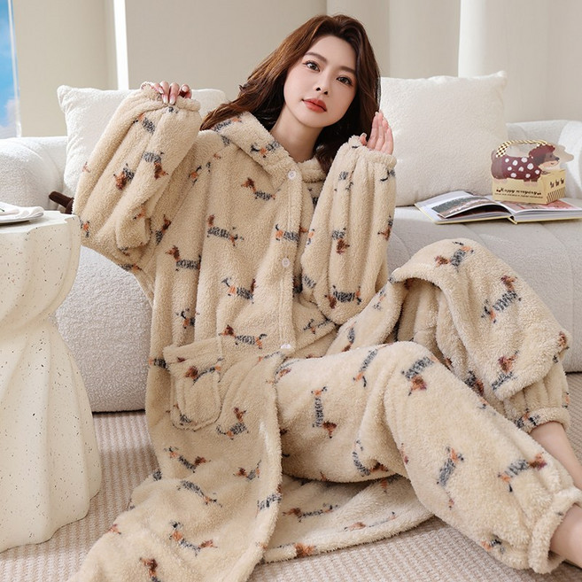 Jeernare 극세사 little puggy 원피스 잠옷 겨울 롱 여성 잠옷 원피스 따뜻한 여성 잠옷 수면가운